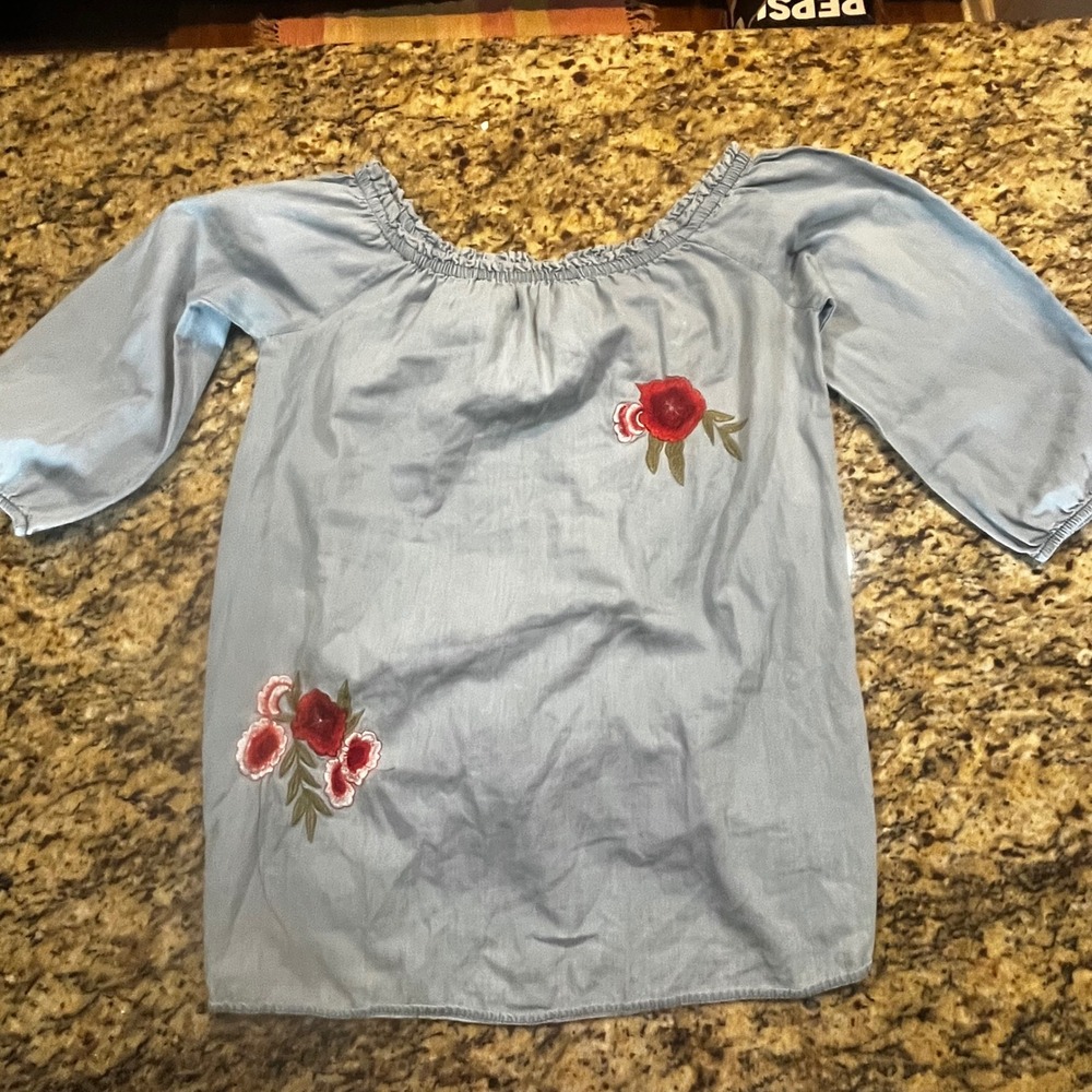 Mileage Womens 1X Blue Chambray Off Shoulder Floral Embroidered Blouse Top Boho